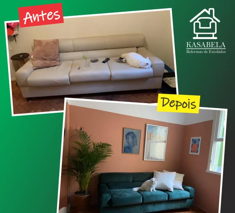 Antes e depois de sofá reformado com veludo verde pela Kasabela