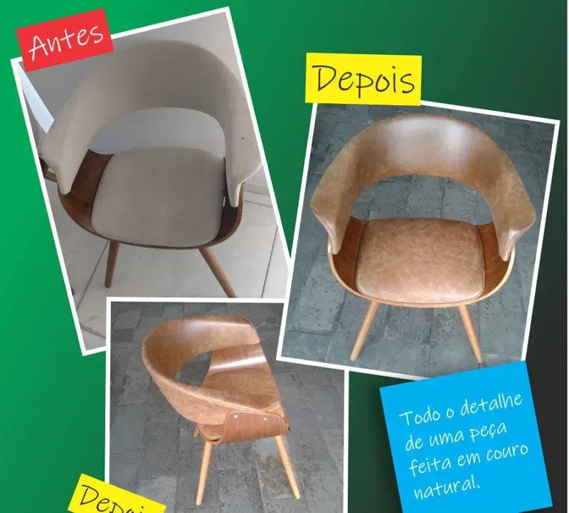 Antes e depois de cadeira restaurada em couro natural