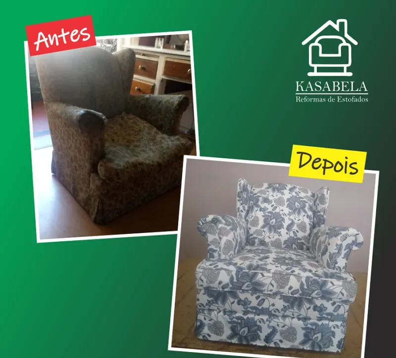 Antes e depois de poltrona reformada com tecido floral azul