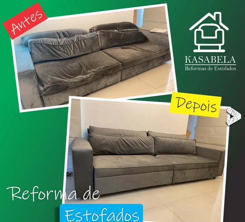 Antes e depois de sofá de veludo reestruturado e reformado