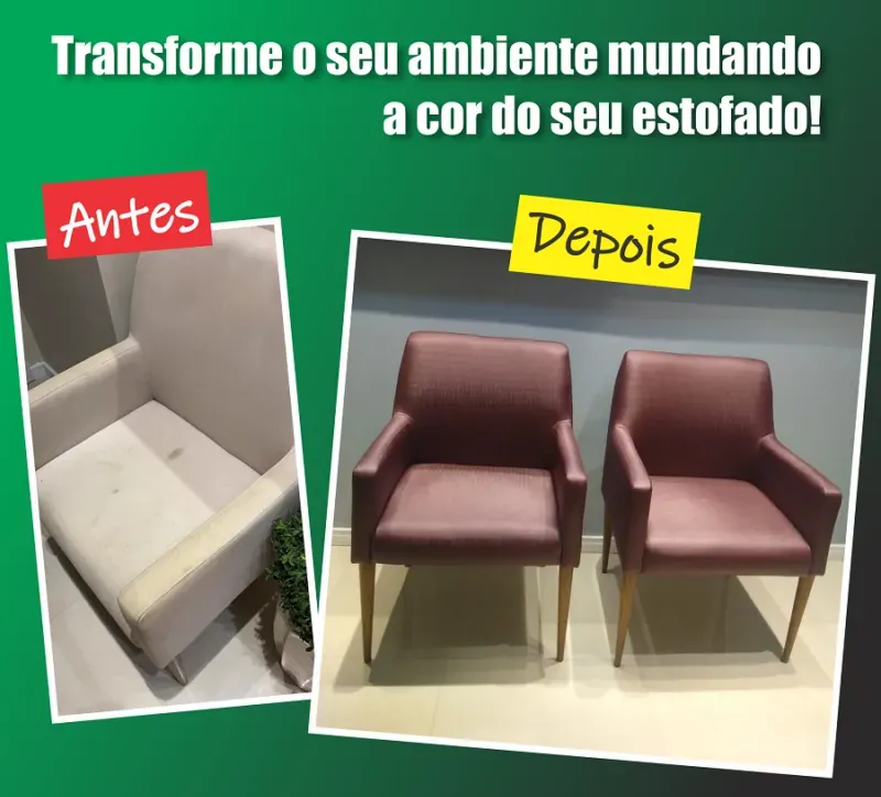 Antes e depois de cadeiras reformadas com mudança de cor do estofado