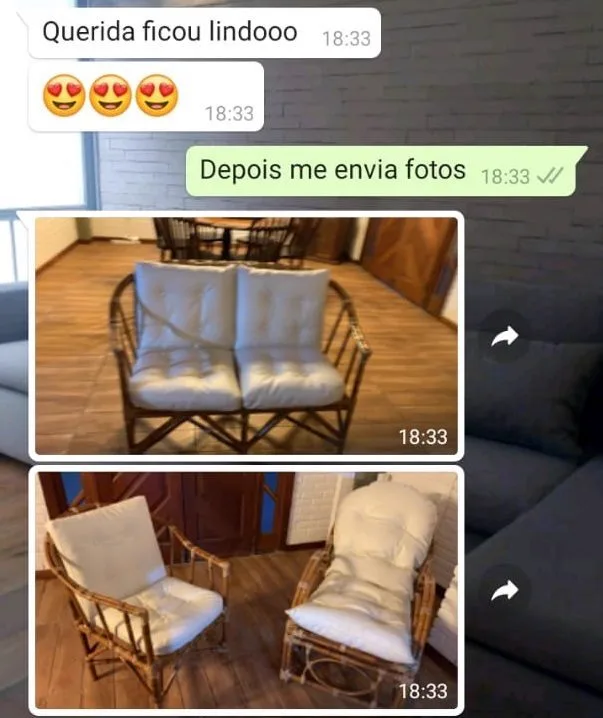 Depoimento de cliente no WhatsApp sobre móveis de vime: querida, ficou lindo